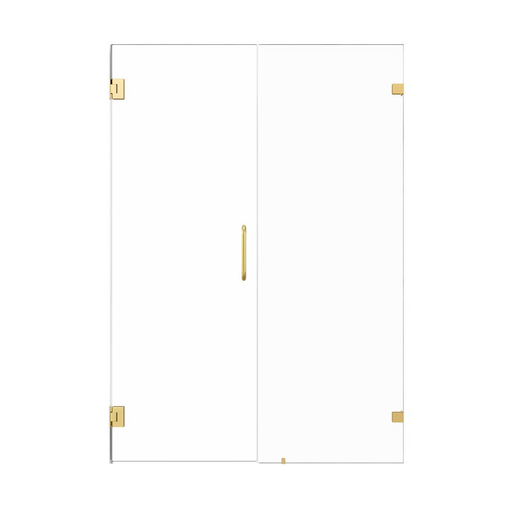 Frameless Hinged Shower Door in Brushed Gold with Clear Glass. Picture 1