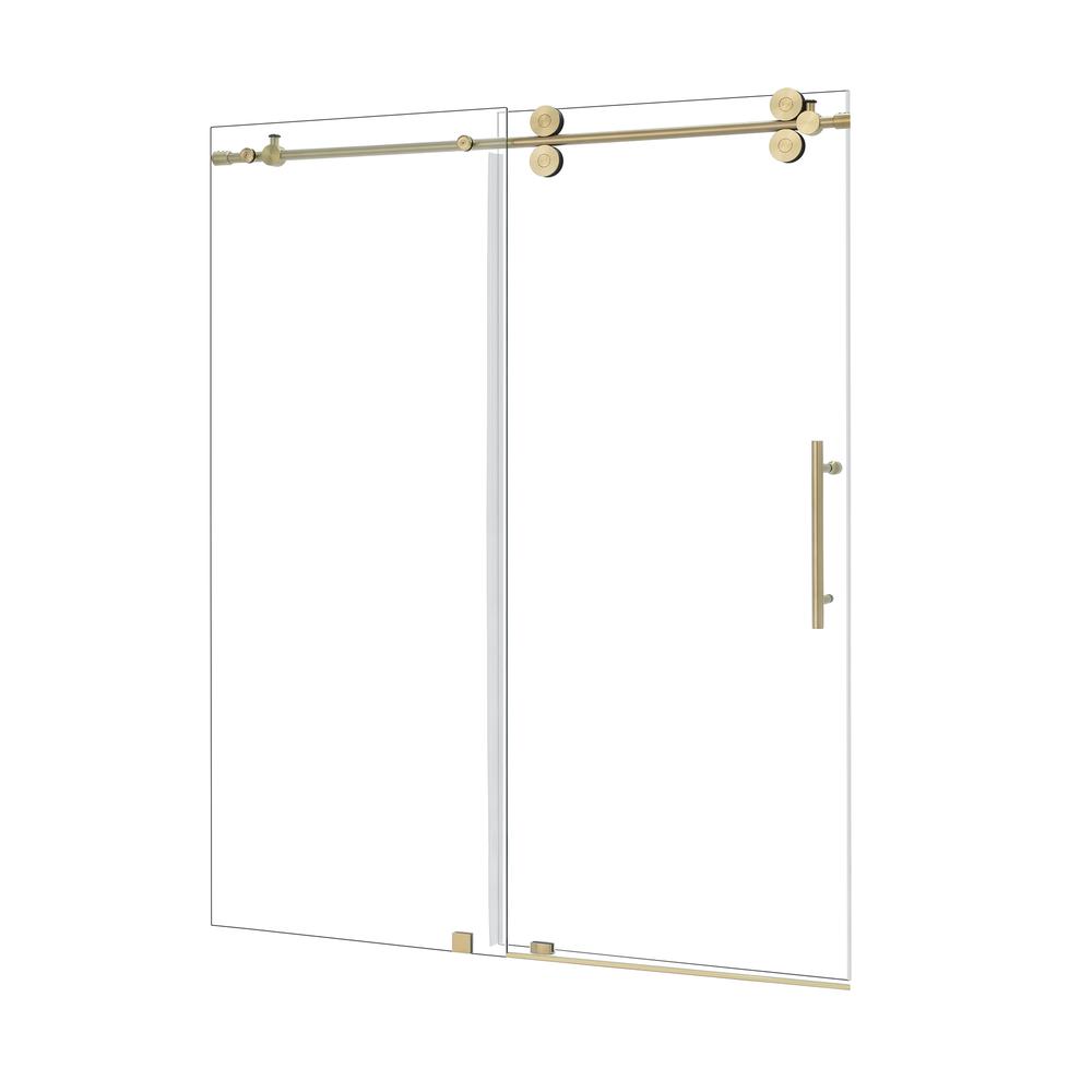 Single Sliding Frameless Shower Door in Brushed Gold with Clear Glass. Picture 2