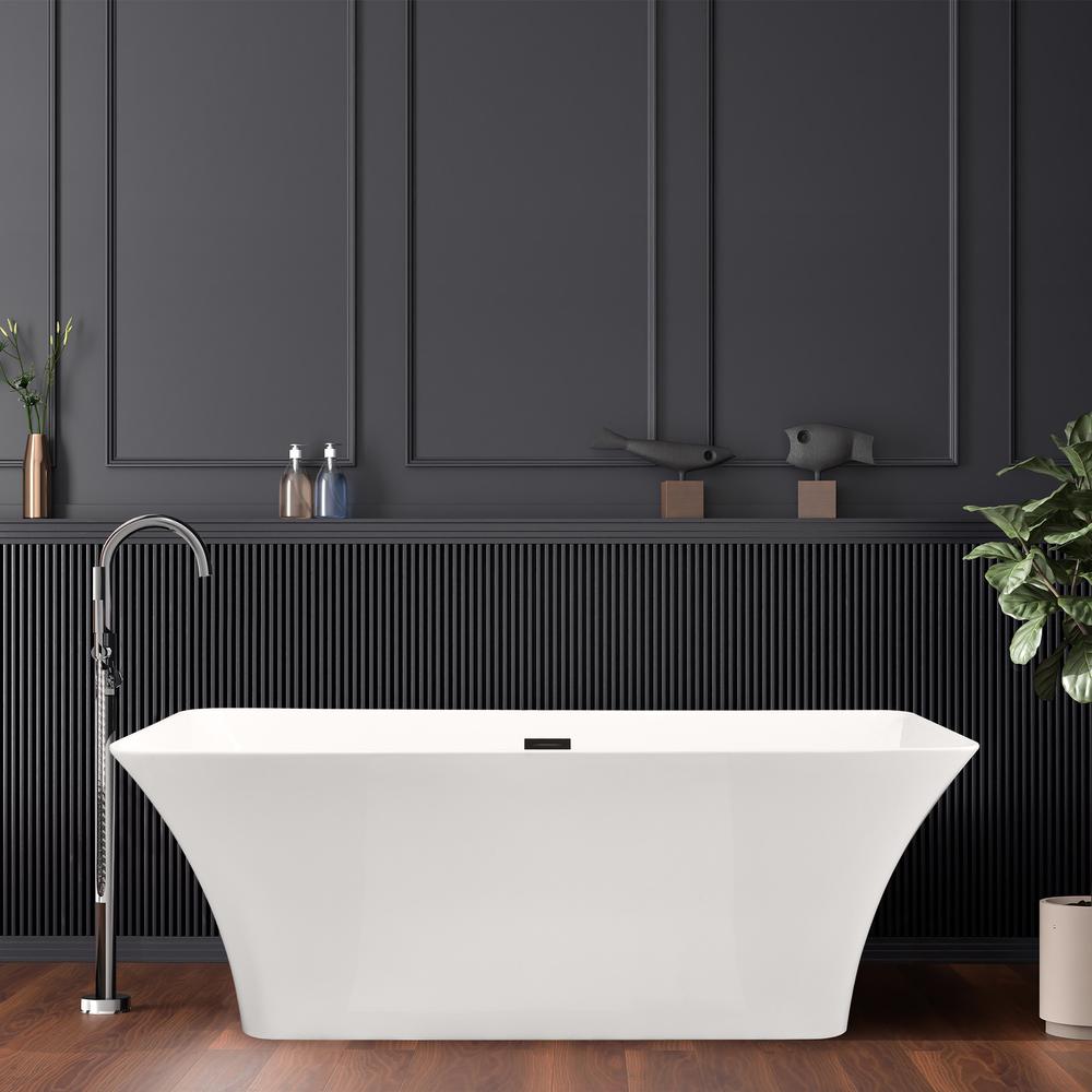 Tazlar 63" x 28" Flatbottom Freestanding Acrylic Soaking Bathtub in Glossy White. Picture 12