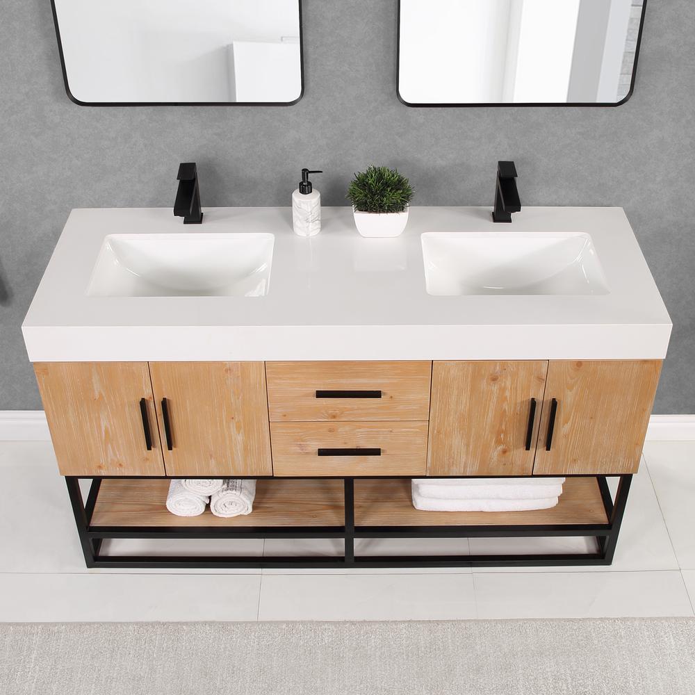 60" Double Bathroom Vanity in Light Brown awithout Mirror. Picture 5