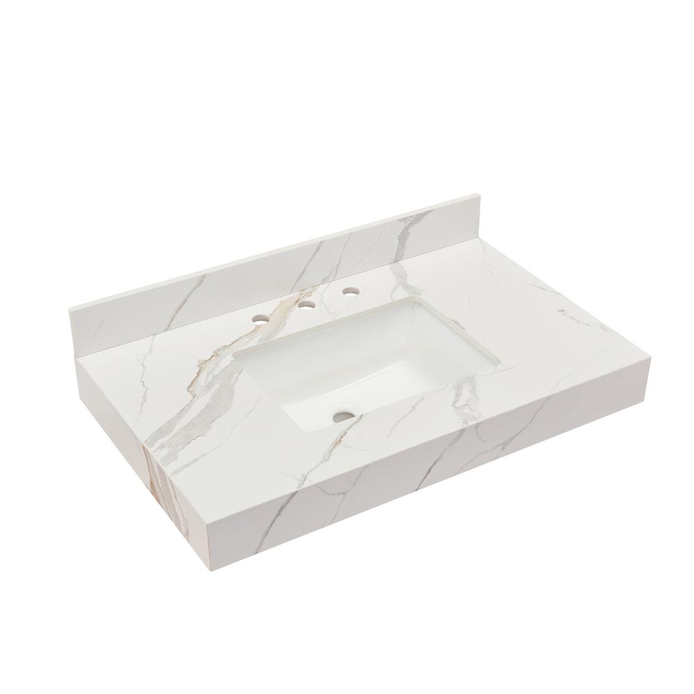 48 in. Composite Stone Vanity Top in Calacatta White Apron with White Sink. Picture 3