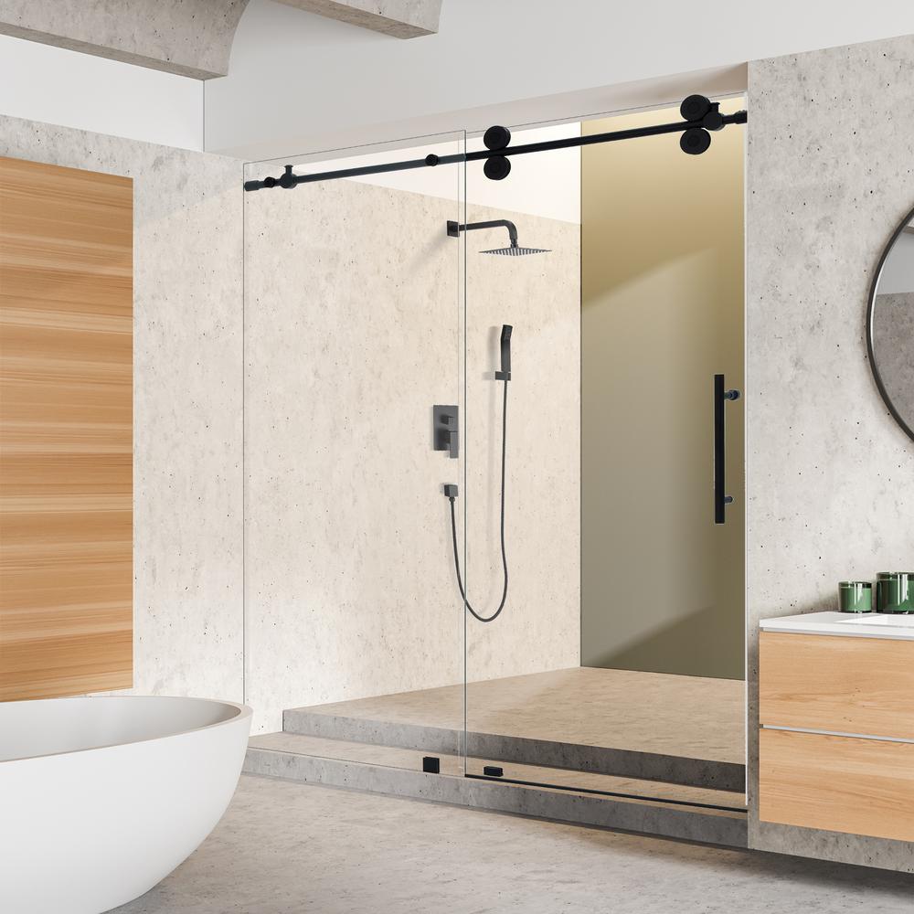 Single Sliding Frameless Shower Door in Matte Black with Clear Glass. Picture 4