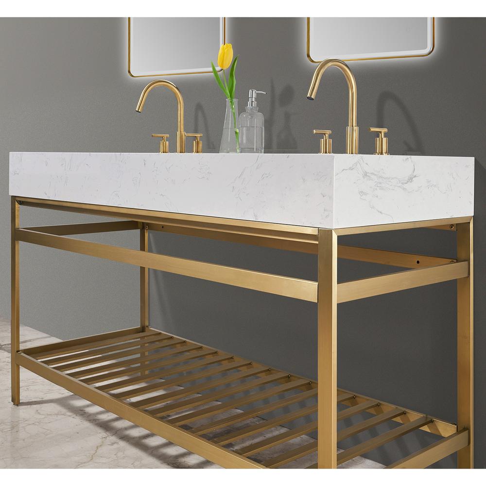60" Double Stainless Steel Vanity Console in Brushed Gold and Mirror. Picture 6