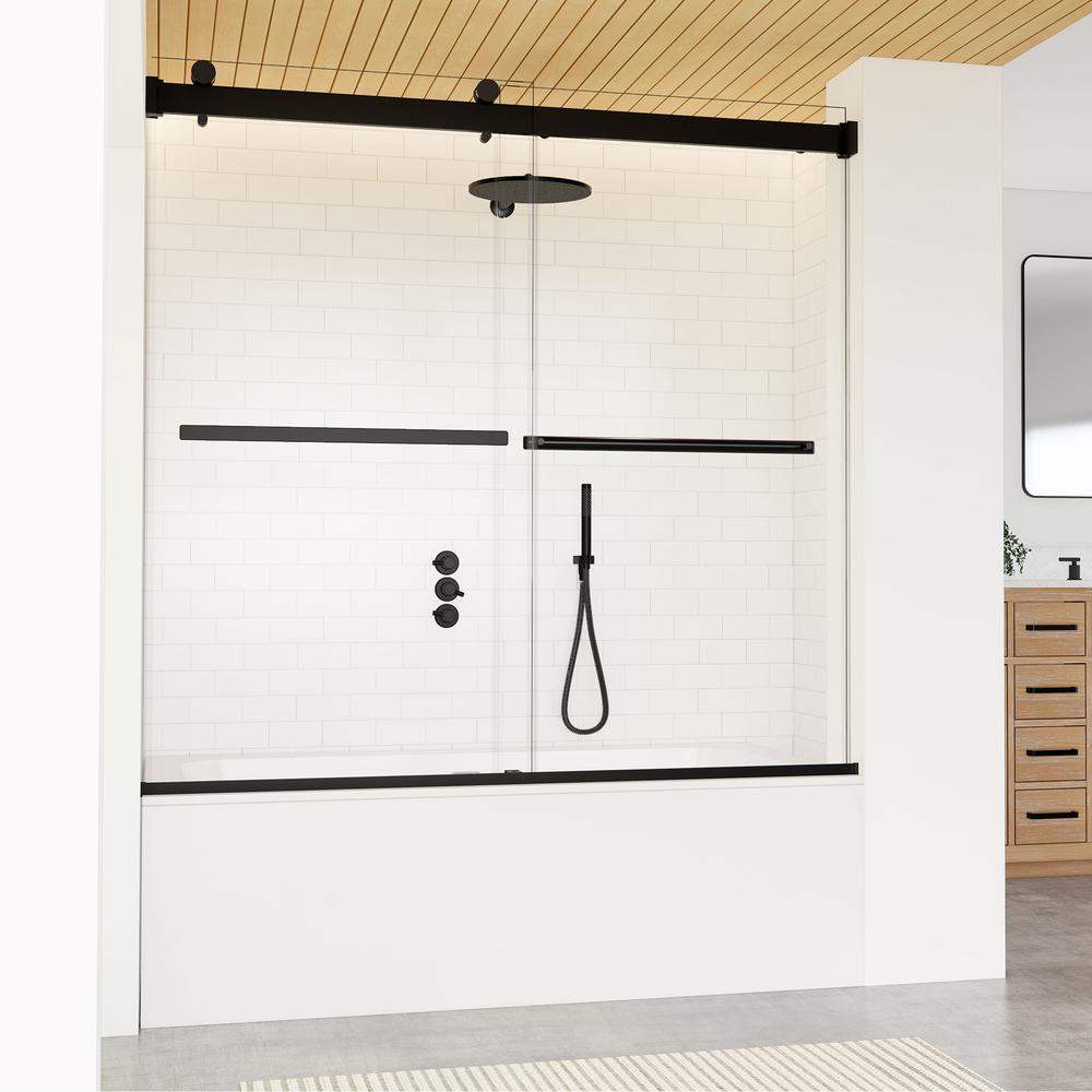 Marcelo 60" W x 58" H By Pass Frameless Tub Door in Matte Black with Clear Glass. Picture 5