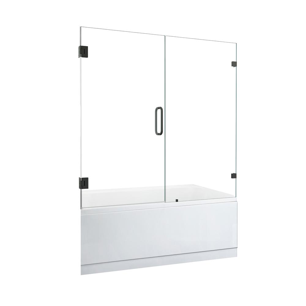 Roisin 60" W x 58" H Frameless Hinged Tub Door in Matte Black with Clear Glass. Picture 1