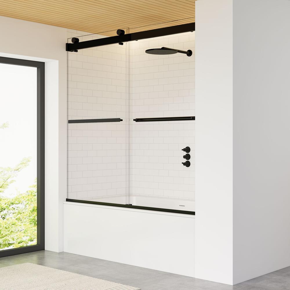 Marcelo 60" W x 58" H By Pass Frameless Tub Door in Matte Black with Clear Glass. Picture 6