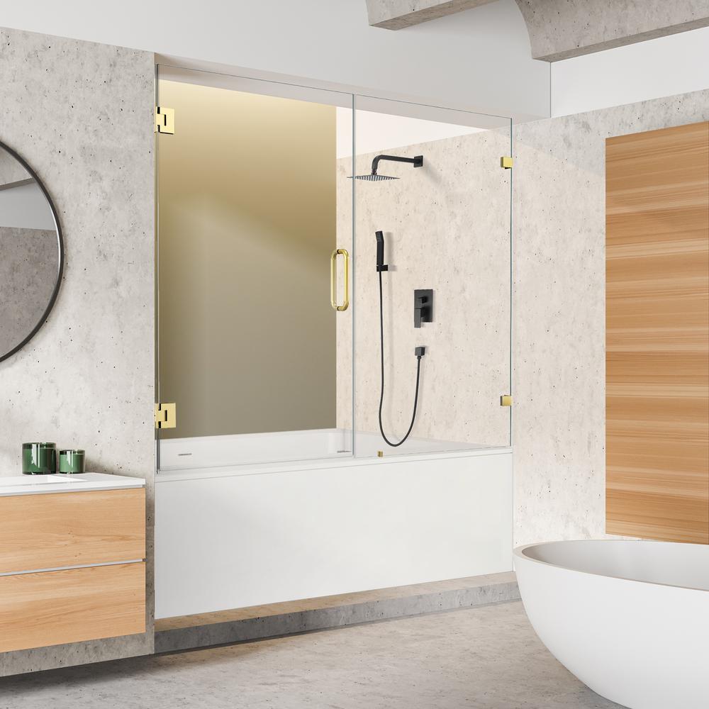 Roisin 60" W x 58" H Frameless Hinged Tub Door in Brushed Gold with Clear Glass. Picture 6