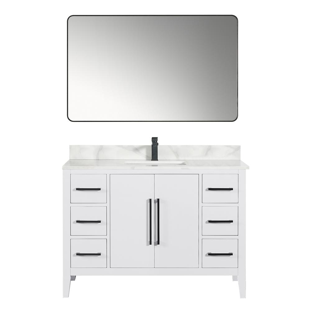 Single Bathroom Vanity in White with Stone Countertop with Mirror. Picture 1