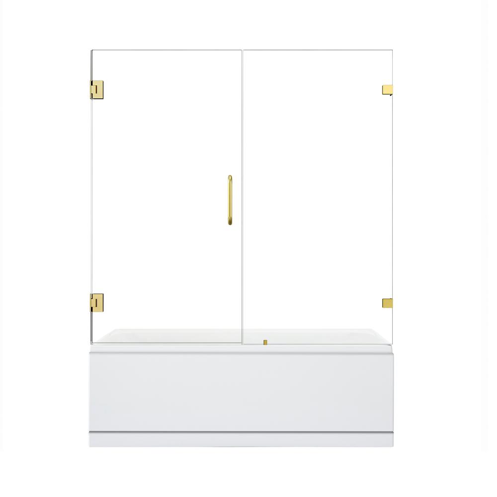 Roisin 60" W x 58" H Frameless Hinged Tub Door in Brushed Gold with Clear Glass. Picture 2