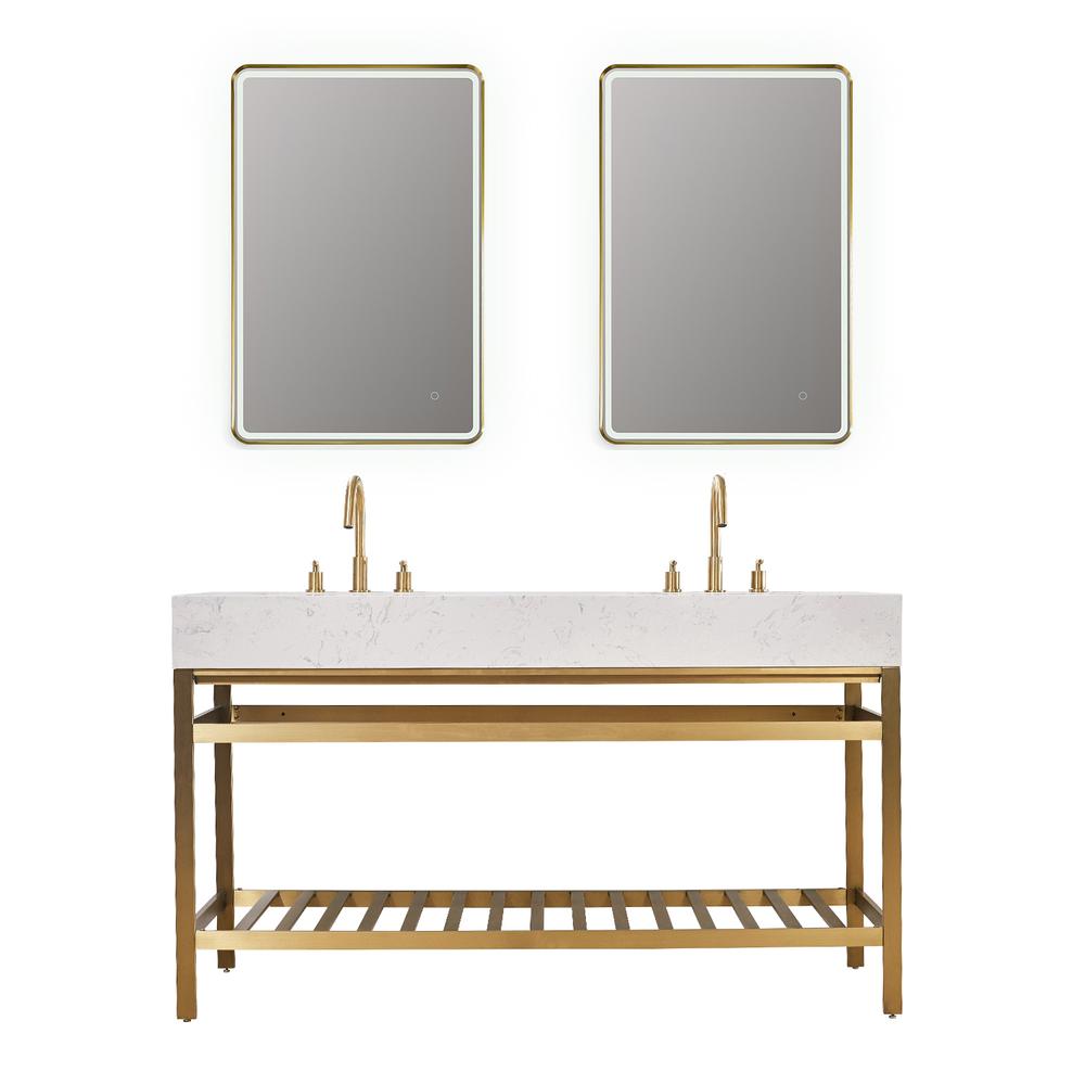 60" Double Stainless Steel Vanity Console in Brushed Gold and Mirror. Picture 1