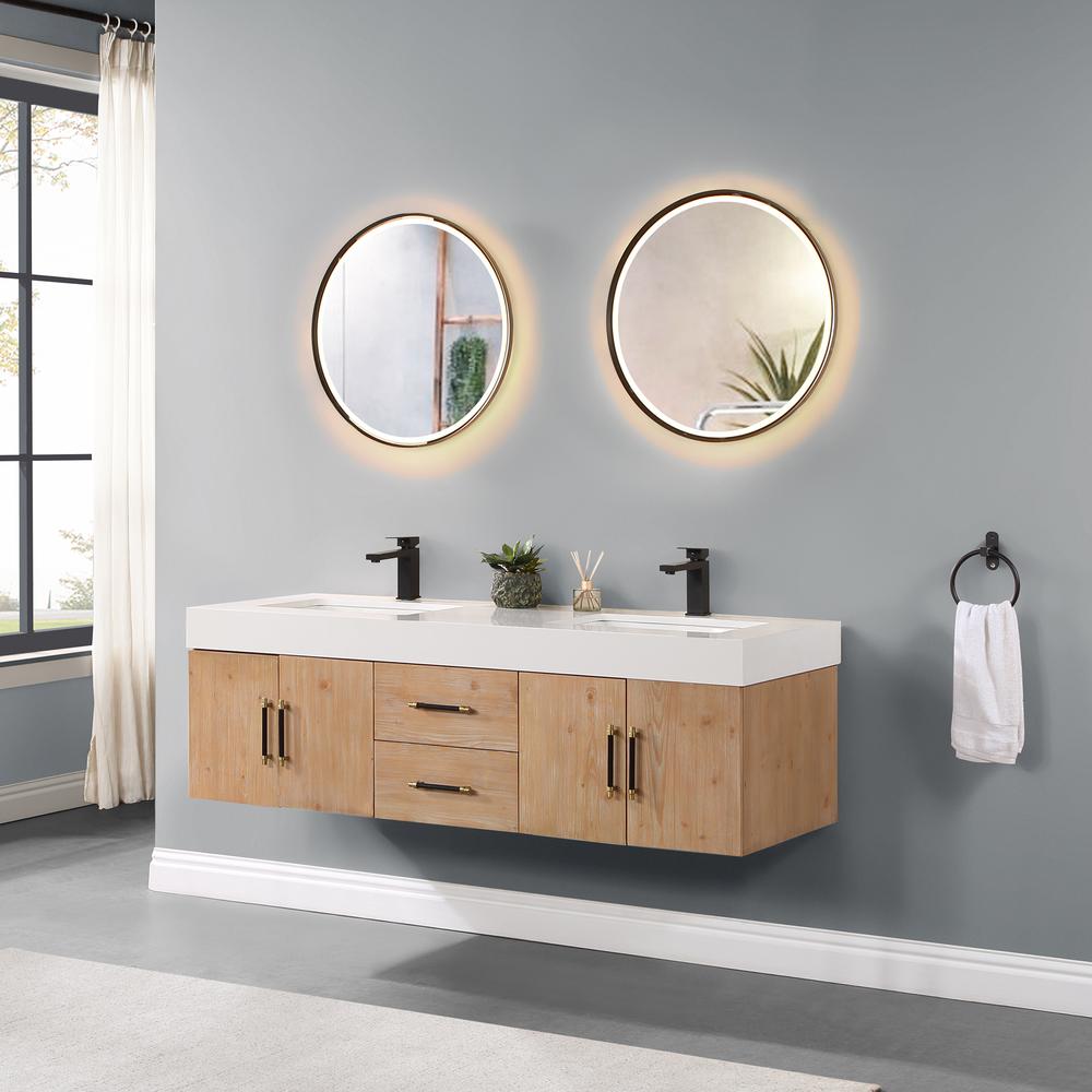 60" Wall-mounted Double Bathroom Vanity in Light Brown with Mirror. Picture 5