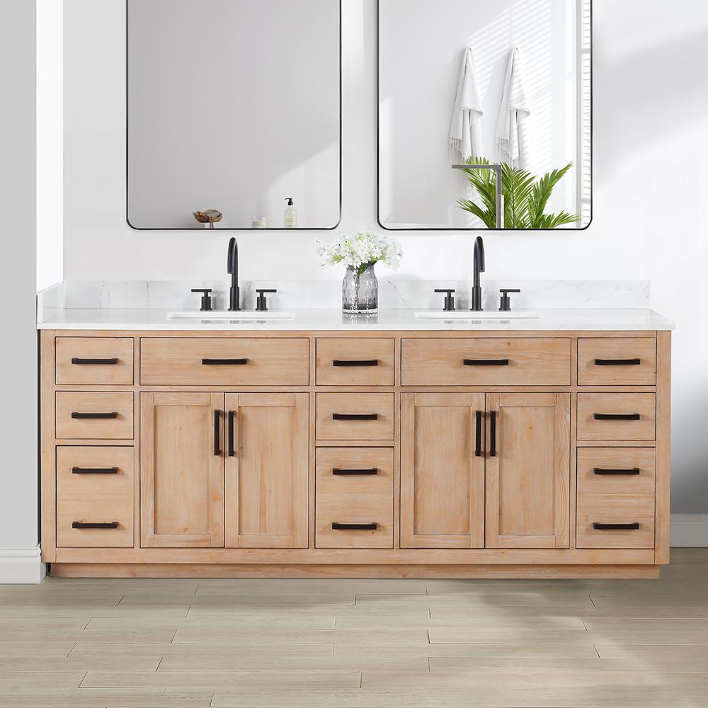 84" Double Bathroom Vanity in Light Brown without Mirror. Picture 4