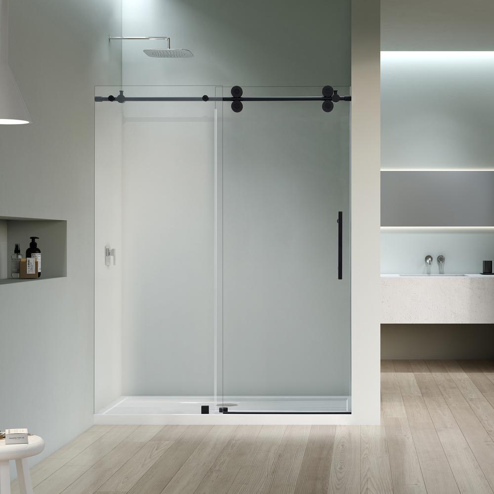 Single Sliding Frameless Shower Door in Matte Black with Clear Glass. Picture 3