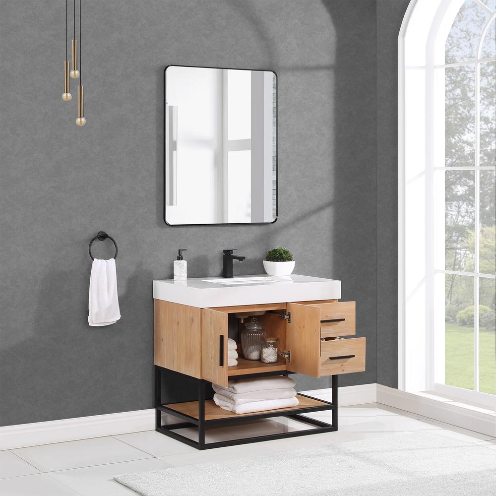 Single Bathroom Vanity in Light Brown with Mirror. Picture 6