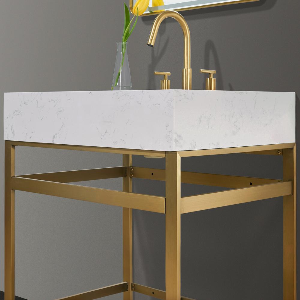 30" Single Stainless Steel Vanity Console in Brushed Gold and Mirror. Picture 6