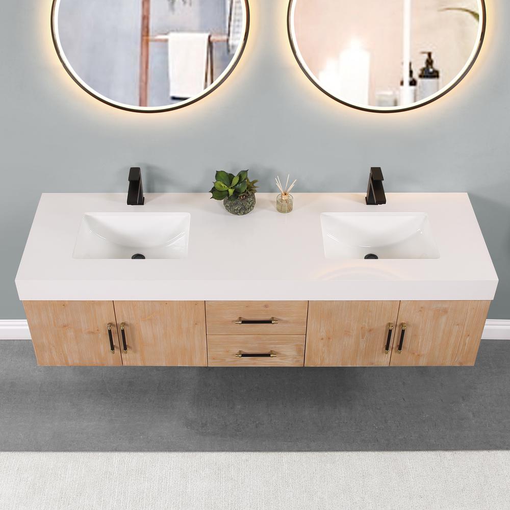 72" Wall-mounted Double Bathroom Vanity in Light Brown without Mirror. Picture 7