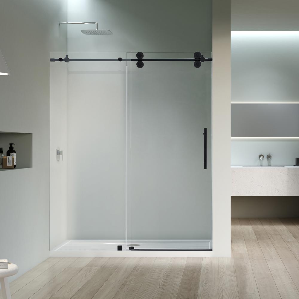 Single Sliding Frameless Shower Door in Matte Black with Clear Glass. Picture 3