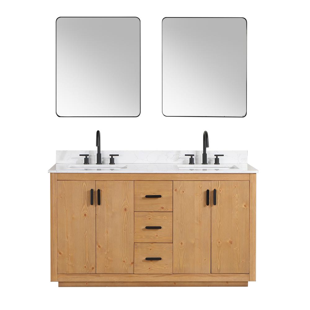 60" Double Bathroom Vanity in Natural Wood with Mirror. Picture 1