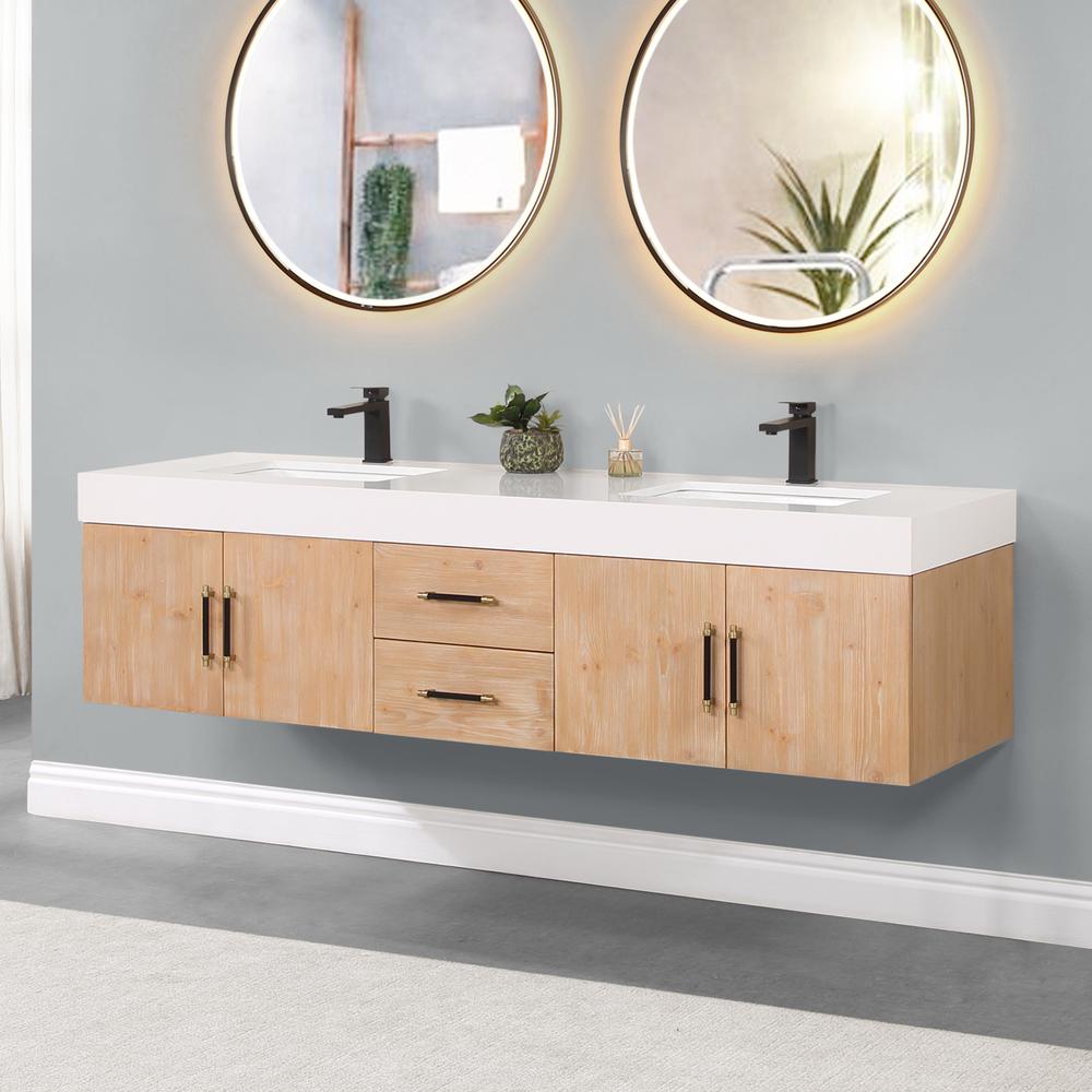 72" Wall-mounted Double Bathroom Vanity in Light Brown without Mirror. Picture 10