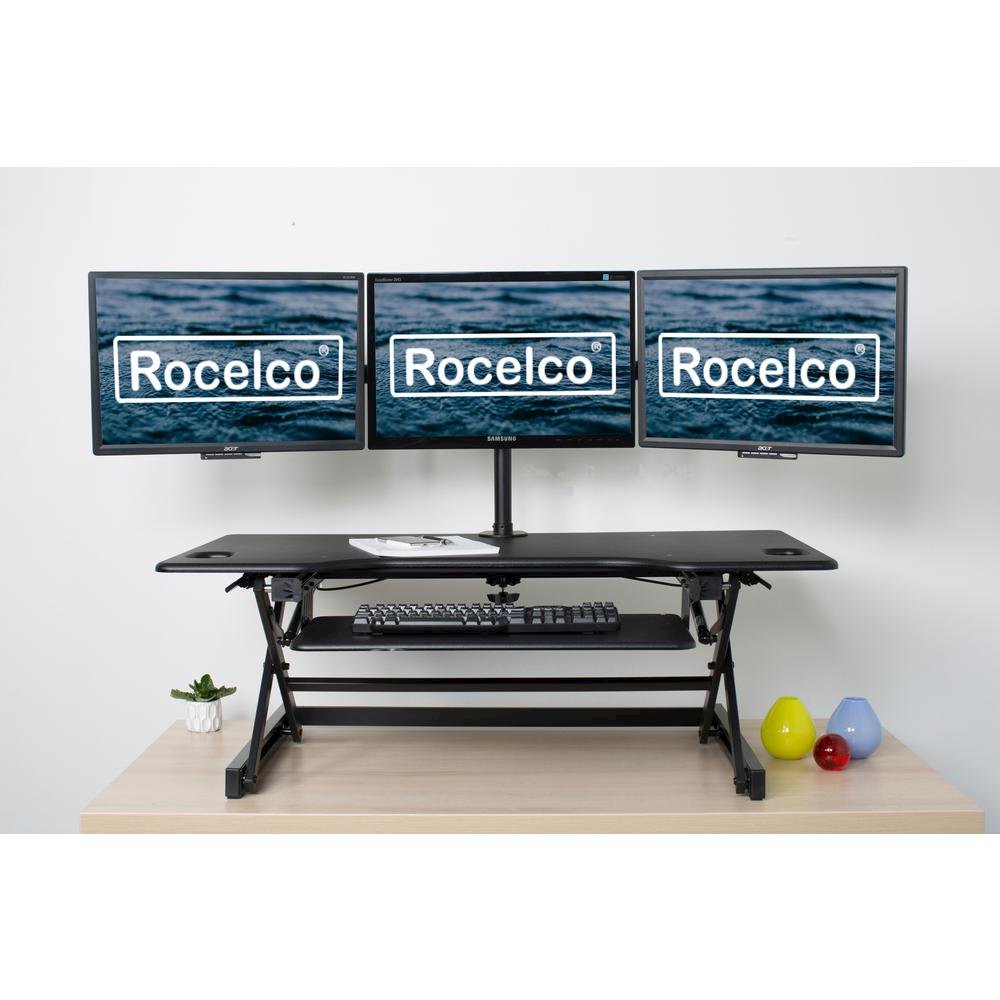 Rocelco 46" Large Height Adjustable Standing Desk Converter with Triple Monitor Mount BUNDLE - Quick Sit Stand Up Computer Workstation Riser - Retractable Keyboard Tray - Black. Picture 2