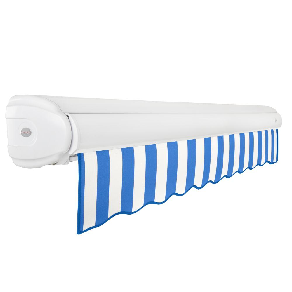 Full Cassette Right Motorized Patio Retractable Awning, Bright Blue/White Stripe. Picture 2