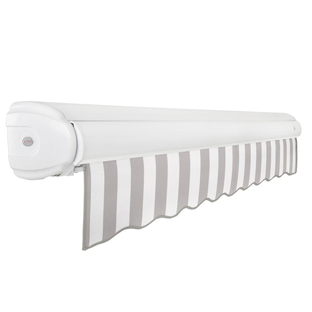 Full Cassette Right Motorized Patio Retractable Awning, Gray/White Stripe. Picture 2