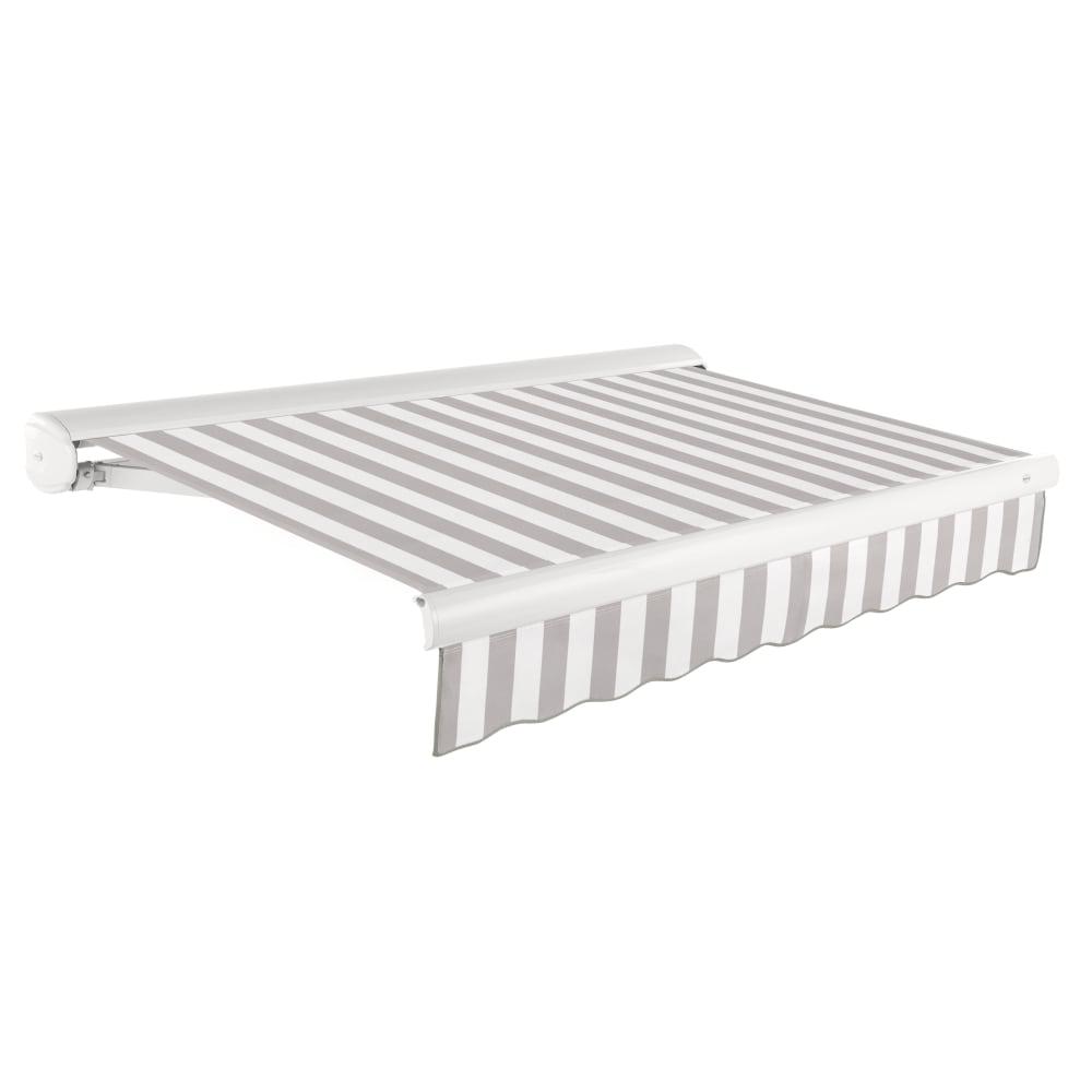 Full Cassette Right Motorized Patio Retractable Awning, Gray/White Stripe. Picture 1