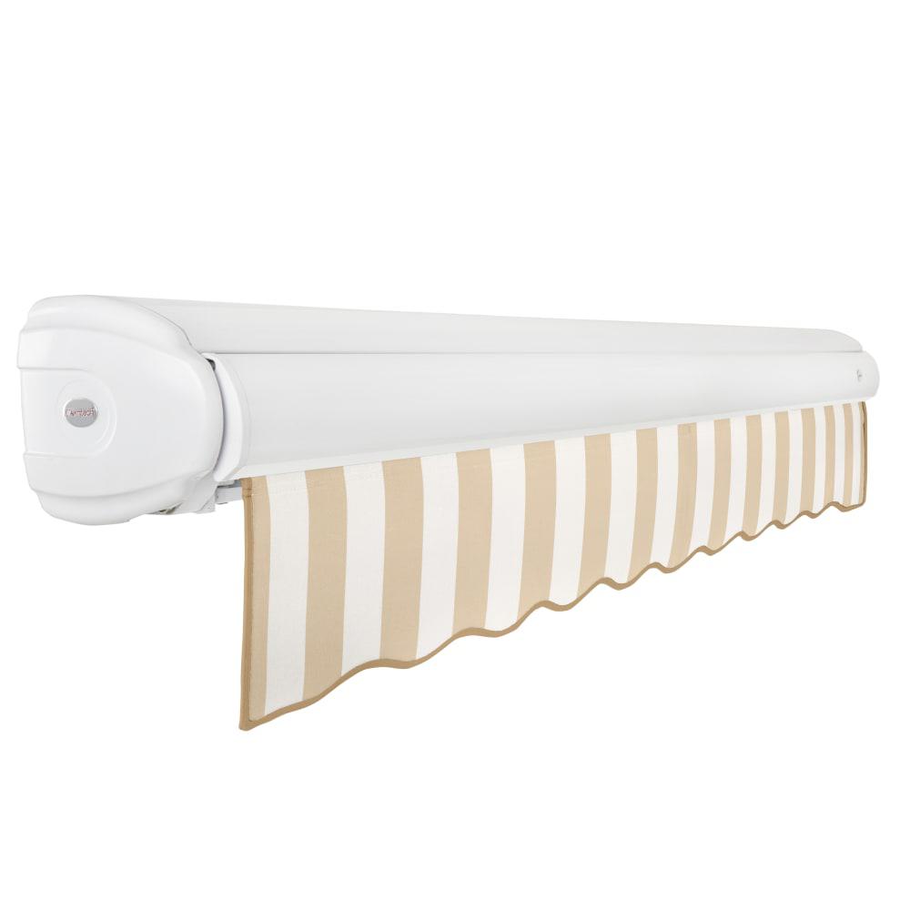 Full Cassette Right Motorized Patio Retractable Awning, Linen/White Stripe. Picture 2