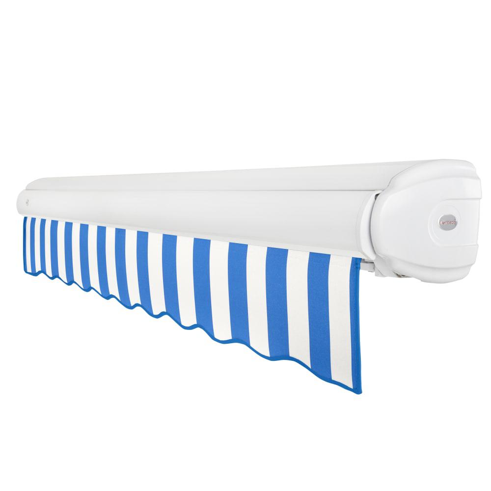 Full Cassette Left Motorized Patio Retractable Awning, Bright Blue/White Stripe. Picture 2