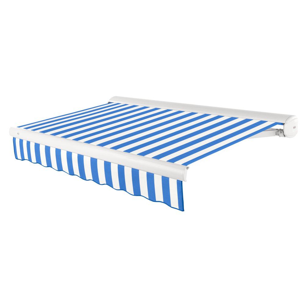 Full Cassette Left Motorized Patio Retractable Awning, Bright Blue/White Stripe. Picture 1