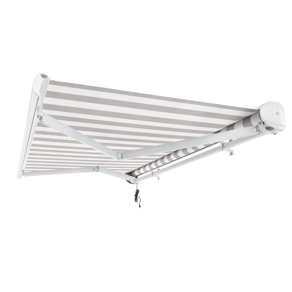 Full Cassette Left Motorized Patio Retractable Awning, Gray/White Stripe. Picture 7