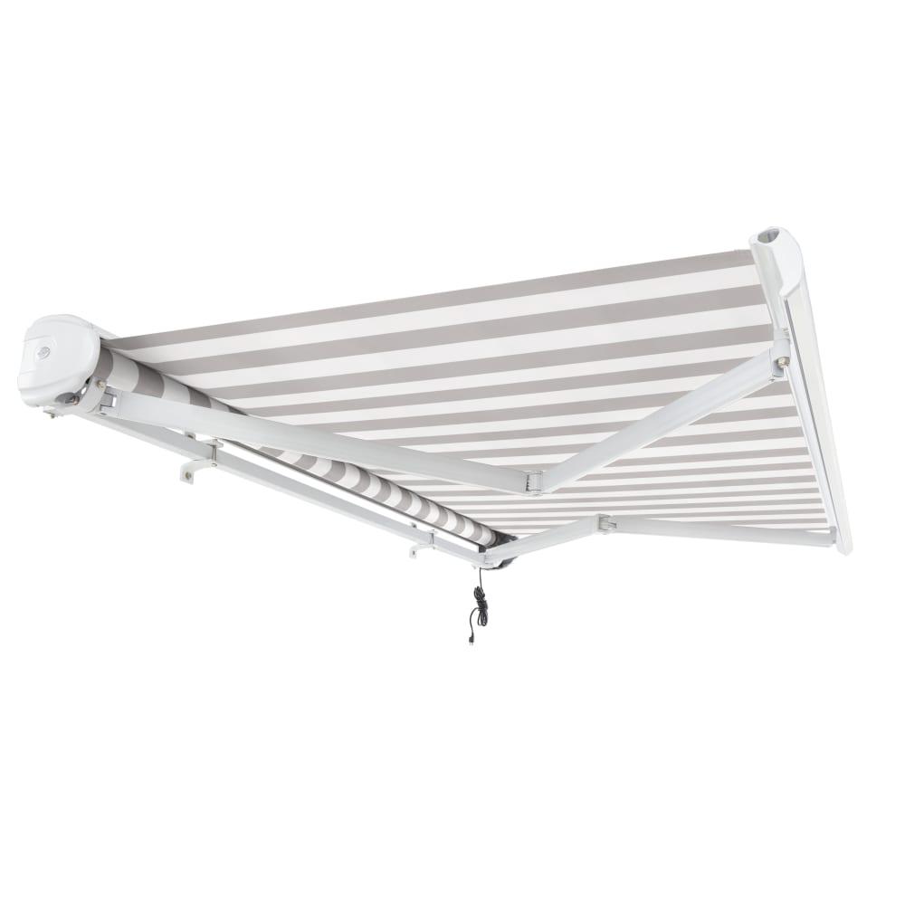 Full Cassette Right Motorized Patio Retractable Awning, Gray/White Stripe. Picture 7