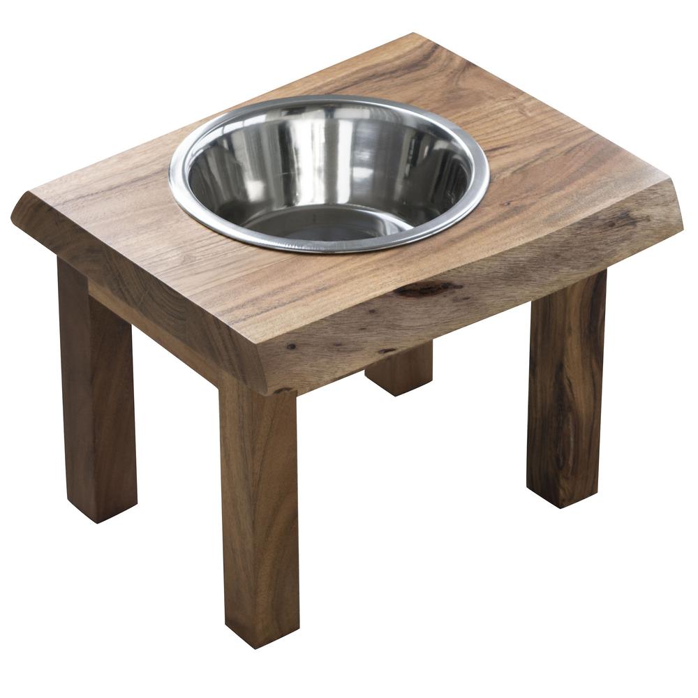 Acacia Wood Live Edge Single Bowl Pet Feeder Stand. Picture 2
