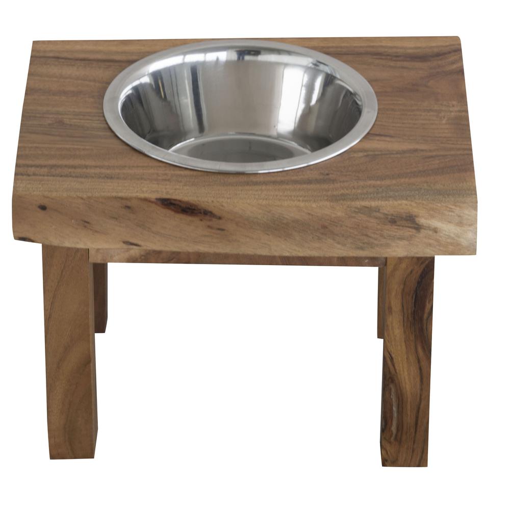 Acacia Wood Live Edge Single Bowl Pet Feeder Stand. Picture 1