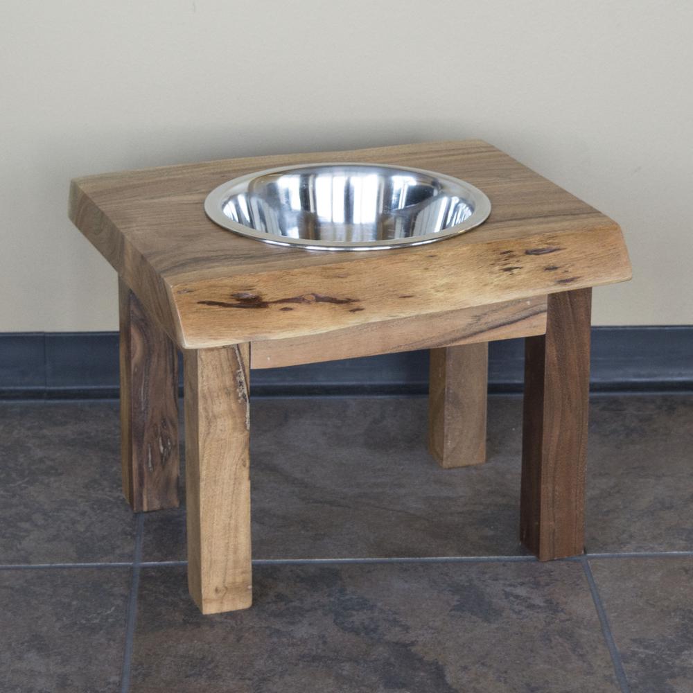 Acacia Wood Live Edge Single Bowl Pet Feeder Stand. Picture 4