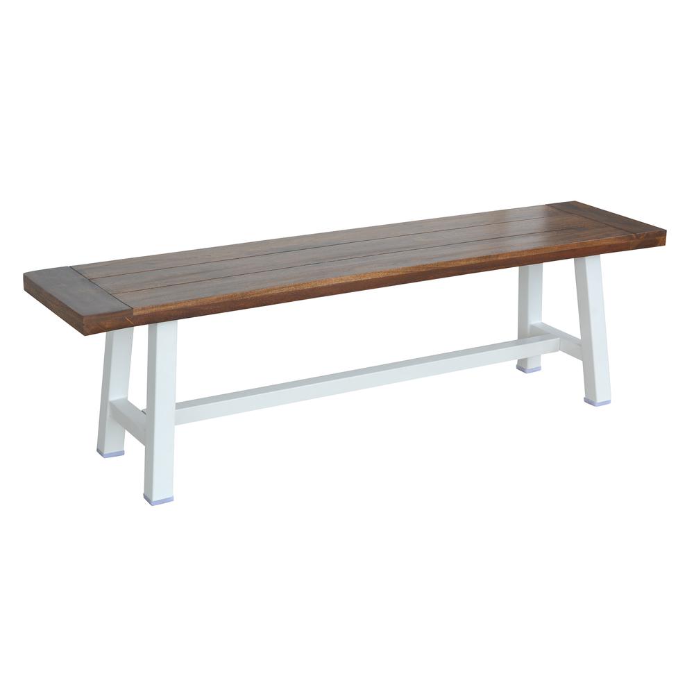 AmeriHome Indoor/Outdoor 63 in. Bench with Acacia Top and Metal Base - White. Picture 1