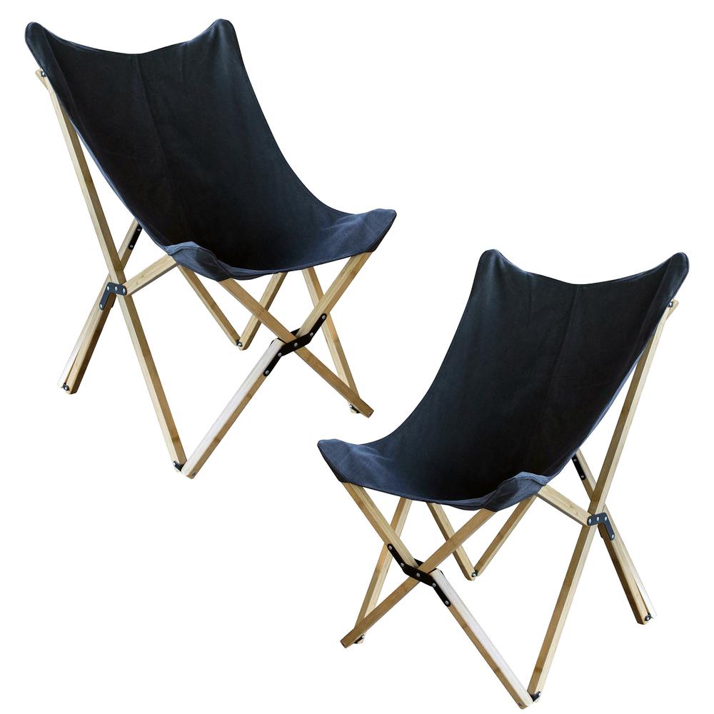 AmeriHome Canvas and Bamboo Butterfly Chair - Black - 2 Piece Set. Picture 1