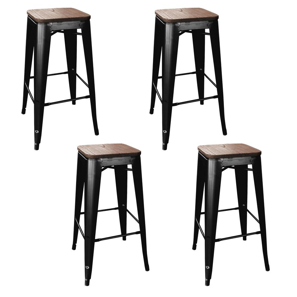 AmeriHome Loft Black 30 in. Metal Bar Stool with Wood Seat- 4 Piece. Picture 1
