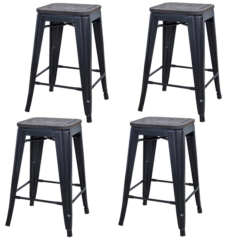 AmeriHome Black 24 in. Metal Bar Stool with Wood Seat- 4 Piece. Picture 1