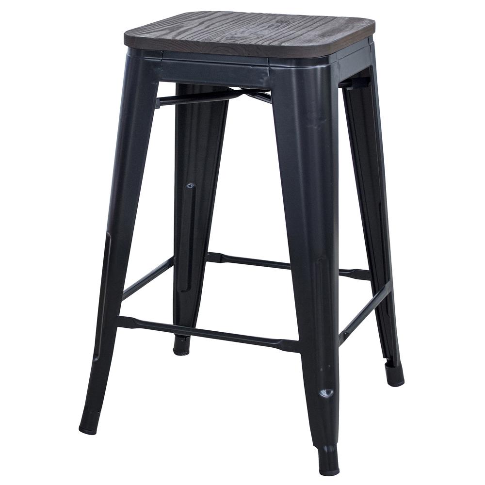 AmeriHome Black 24 in. Metal Bar Stool with Wood Seat- 4 Piece. Picture 2