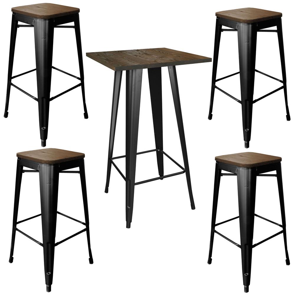 AmeriHome Loft Glossy Black Pub Set with Wood Tops - 5 Piece. Picture 1