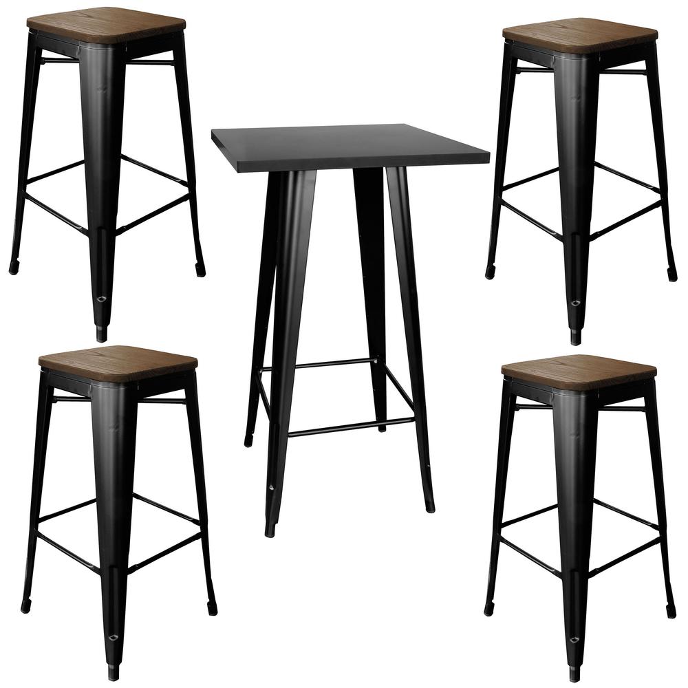 AmeriHome Loft Glossy Black Pub Set With Wood Top Bar Stools - 5 Piece. Picture 1
