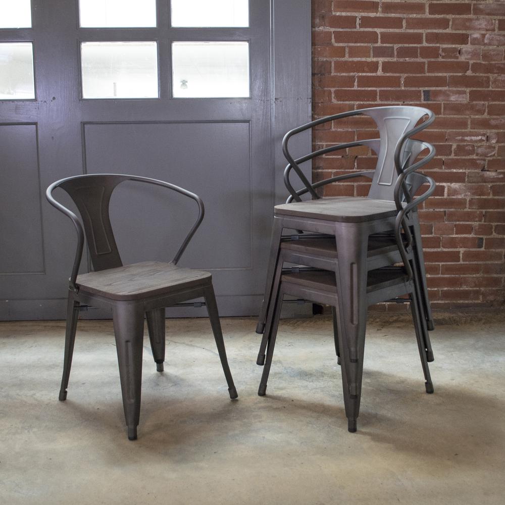 AmeriHome Loft Rustic Gunmetal Metal Dining Chair with Wood Seat- 4 Piece. Picture 3