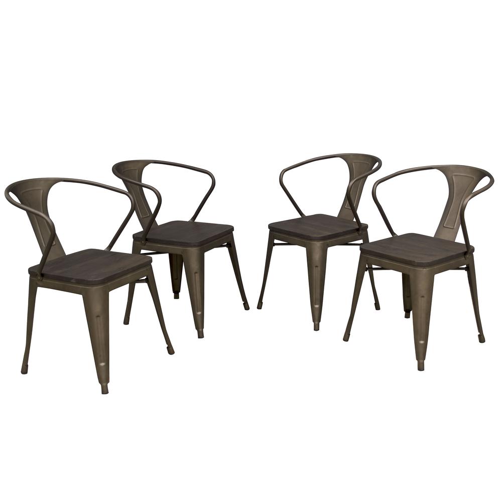AmeriHome Loft Rustic Gunmetal Metal Dining Chair with Wood Seat- 4 Piece. Picture 1