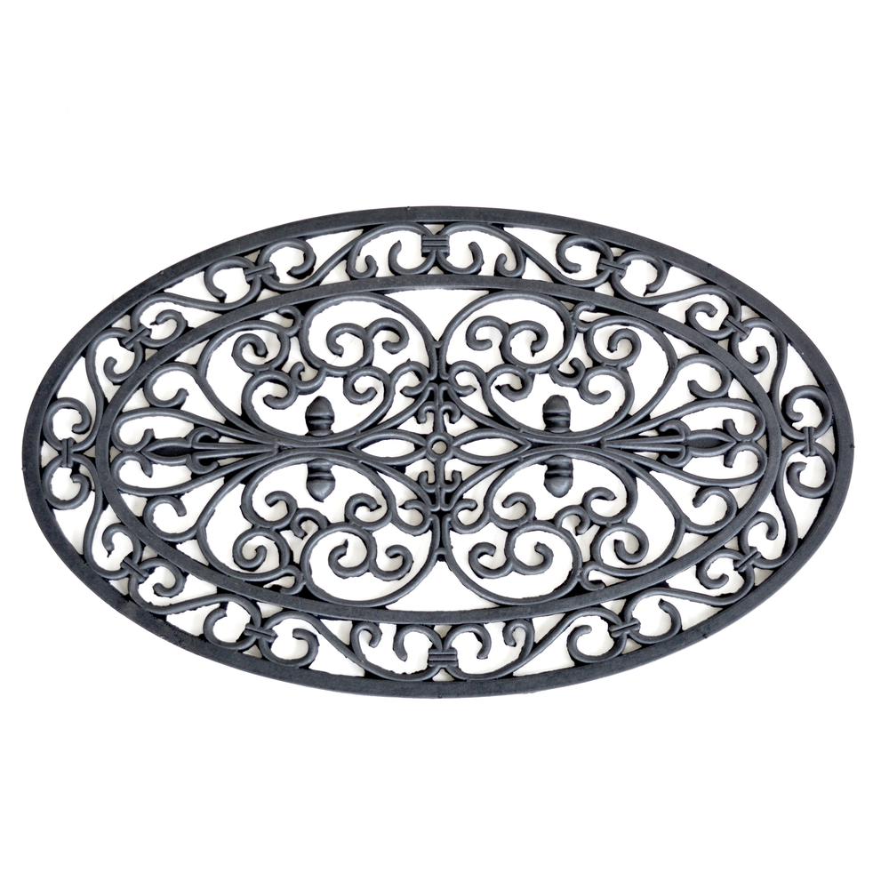 Oval Shape Decorative Scrollwork Rubber Entry Mat 18 x 30 in. 2 Piece Set. Picture 1