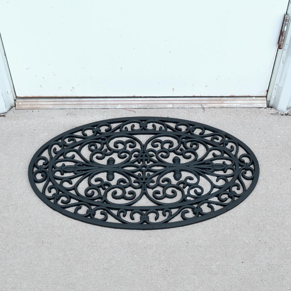 Oval Shape Decorative Scrollwork Rubber Entry Mat 18 x 30 in. 2 Piece Set. Picture 2