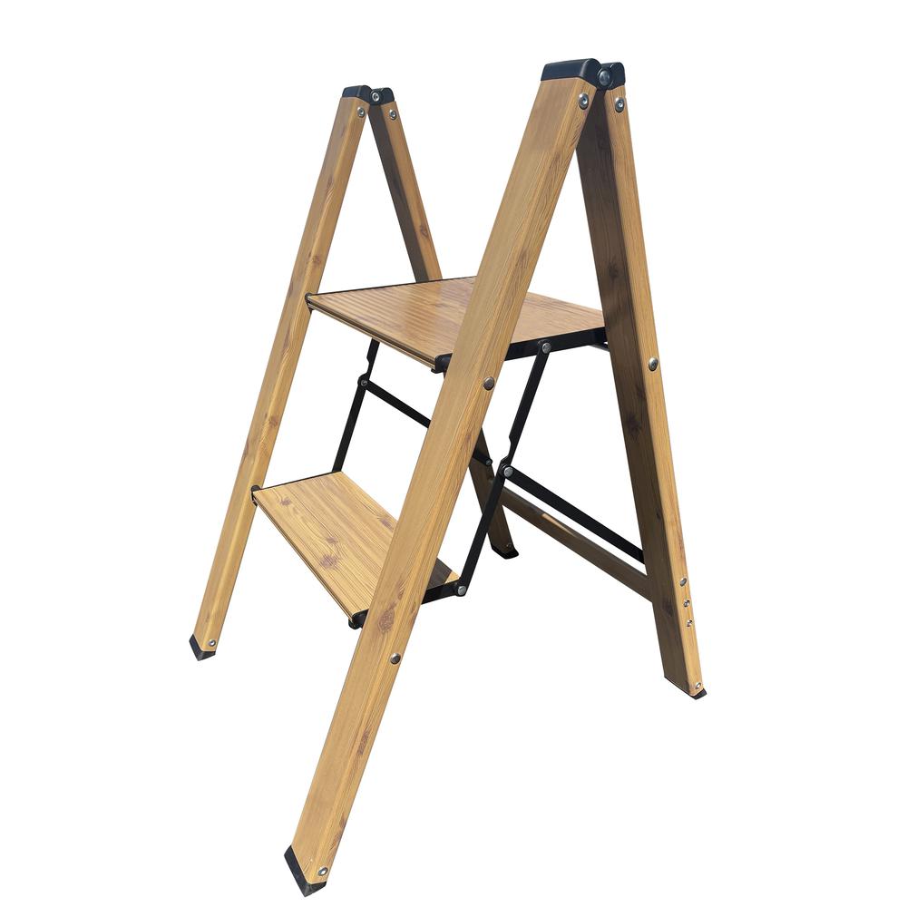 2 Step Aluminum Wood Grain Folding Ladder. Picture 1