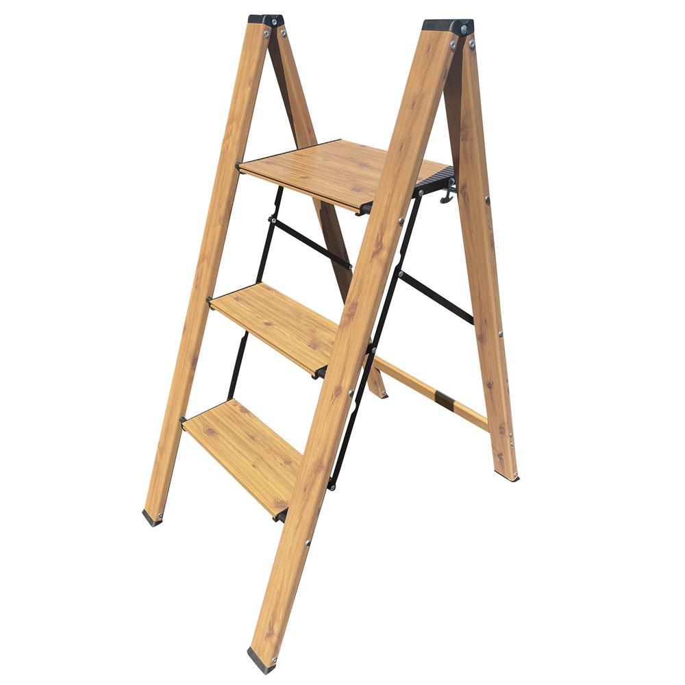 3 Step Aluminum Wood Grain Folding Ladder. Picture 1