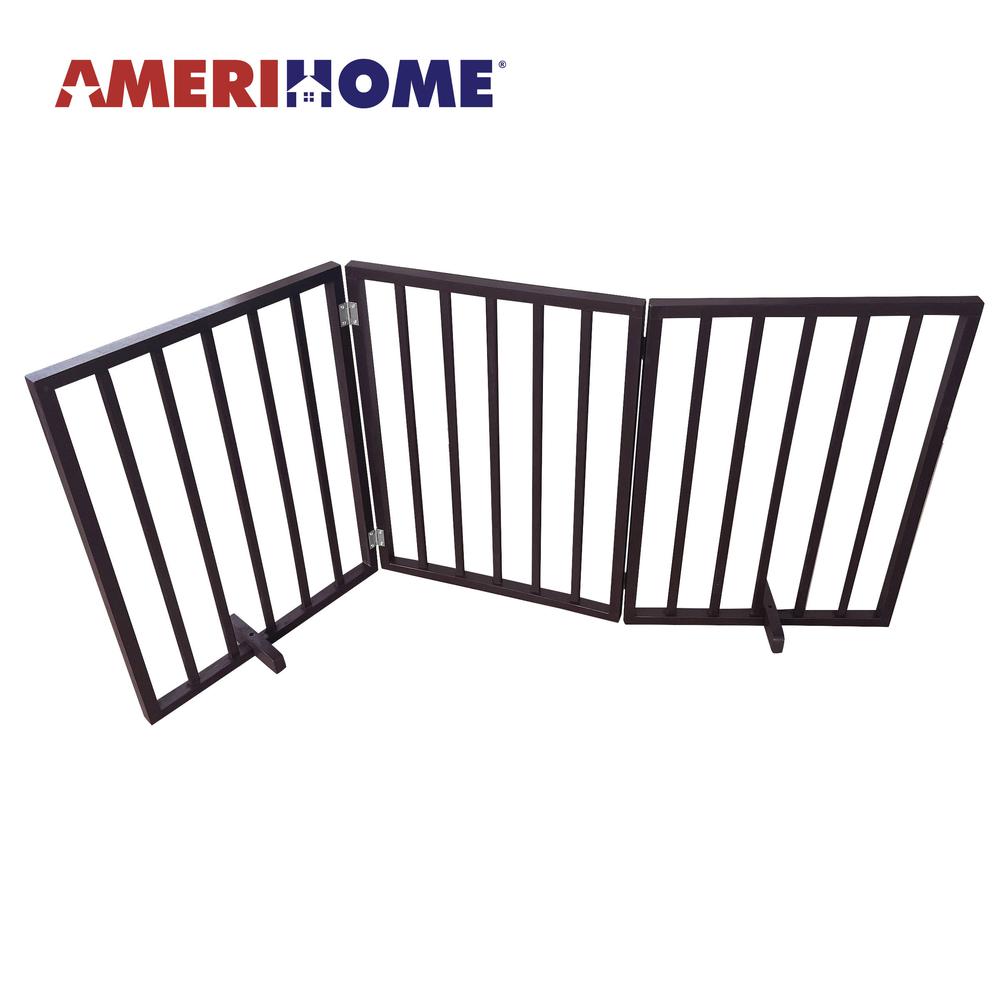 54 inch Freestanding 3-Panel Folding Wood Pet Gate - Brown. Picture 1