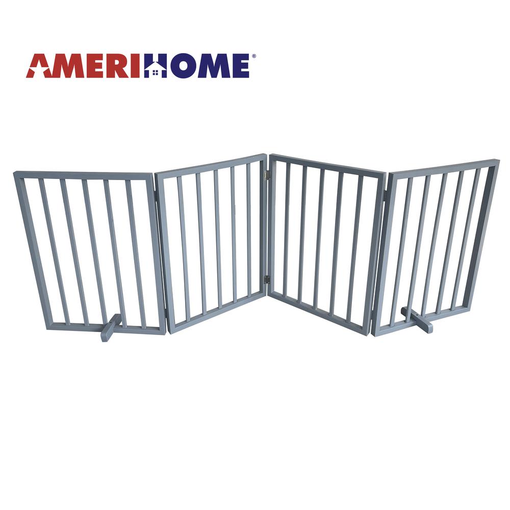 72 inch Freestanding 4-Panel Folding Wood Pet Gate - Grey. Picture 1